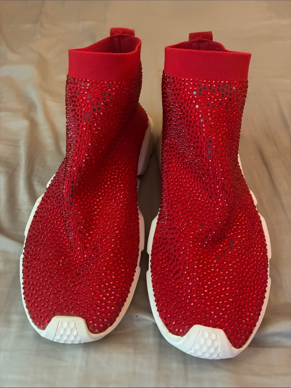 Red Crystal Knit Slip-On Sneakers for Women